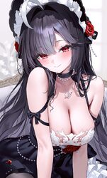 1girl ahoge bare shoulders black bonnet black choker black dress black hair black pantyhose bonnet breasts choker chose…