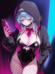 1girl  d absurdres ahoge black hoodie black leotard blue hair blue nails blunt bangs blush breasts cellphone commentary…