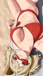 1girl alternate costume beach beach towel bikini blonde hair borddort breasts burnice white commentary day english comm…