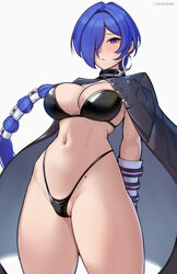 1girl absurdres bikini black bikini blue hair breasts commentary cowboy shot earrings english commentary eyes visible t…