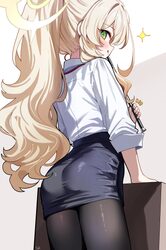 1girl absurdres ass back black pantyhose black skirt blonde hair blue archive blush collared shirt green eyes hair inta…
