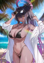 1girl absurdres beach bikini black bikini black hair blue archive breasts cleavage commentary dark-skinned female dark …