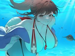 1girl absurdres ass bird breasts brown eyes brown hair character name cleavage commentary request full cleavage goddess…