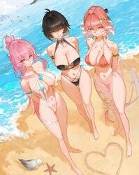 3girls aemeath (wuthering waves) alternate costume beach bikini black bikini black hair body markings braid breasts cha…
