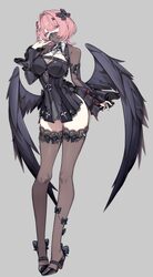 1girl absurdres awe (adorableduckyy) black bow black dress black shoes black shrug black wings bow breasts dress finger…