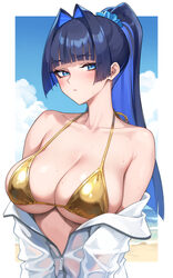 1girl alternate costume alternate hairstyle bare shoulders beach bikini blue eyes blue hair blue sky blunt bangs blunt …