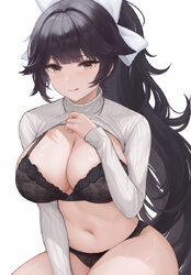 1girl  q absurdres azur lane black bra black hair black panties bow bra breasts cleavage clothes lift commentary commis…
