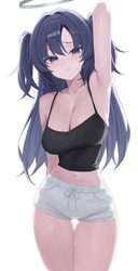 1girl absurdres alternate costume arm up armpits axillary tail of spence black camisole black halo blue archive blue ey…