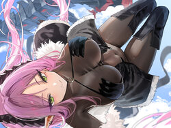 1girl azur lane black boots black horns black jacket blue sky blush bodystocking boots breasts brown bodystocking close…