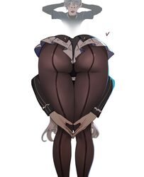 1boy 1girl absurdres amen pose (meme) ass back-seamed legwear bent over blue jacket brown pantyhose commentary crossed …