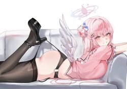 1girl black panties blue archive breasts commentary couch crescent dolechan hair bun halo highres hooked on heel lace p…