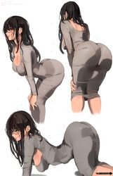 1girl absurdres all fours alternate costume ass black hair breasts chainsaw man cleavage commentary dongtan dress dress…