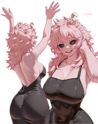 1girl absurdres arms up artist name ashido mina ass back backless dress backless outfit black dress black sclera boku n…