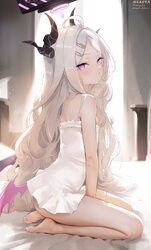 1girl absurdres ahoge barefoot black halo black horns blue archive breasts commentary request demon girl demon horns de…
