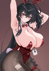 1girl animal ear hairband animal ears armpits azur lane between breasts black hair bow bowtie breasts brown background …