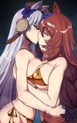 2girls absurdres animal ears bare shoulders bikini blue eyes blunt bangs blush bow braid breast press breasts brown hai…