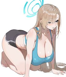 1girl absurdres all fours alternate costume ass asuna (blue archive) bare legs barefoot black shorts blonde hair blue a…