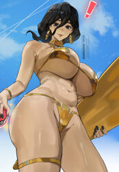 ! 1girl absurdres alternate breast size (larger) alternate costume bikini black eyes black hair black nails blue sky br…