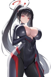 1girl absurdres black bodysuit black hair black halo blue archive blush bodysuit breasts bright pupils cleavage comment…