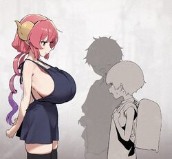 1girl 2boys age difference apron black apron black thighhighs breast awe breasts closed mouth commentary deitysexual dr…
