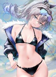 1girl alternate costume bikini black bikini black jacket breasts commentary request drill hair eyewear on head gradient…