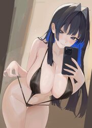 1girl alternate costume black hair black slingshot swimsuit blue eyes blue hair breasts closed mouth colored inner hair…