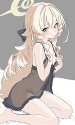 1girl babydoll black babydoll blonde hair blue archive bow breasts commentary fluffy hair green eyes hair bow hair inta…