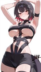 1girl alternate costume armpits bare shoulders black hair breasts commentary request cosplay dot nose ellen joe fins fi…