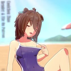 1girl 3d agnes tachyon (umamusume) animal ears animated beach breasts brown eyes clothes pull commentary commission coo…