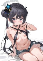 1girl absurdres alternate costume black choker black hair blue archive blush breasts butterfly hair ornament choker clo…