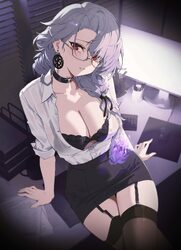 1girl absurdres alternate costume black bra black choker black garter straps black ribbon black skirt black thighhighs …