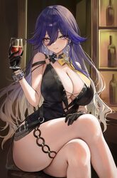 1girl absurdres bare shoulders black dress black gloves blush bottle bracelet breasts cleavage closed mouth commentary …