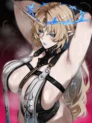 1girl absurdres adapted costume armpits arms behind head arms up artist name black leotard blonde hair blue eyes blue e…
