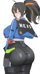 1girl ahoge ass black hair blue jacket blush breasts commentary cowboy shot english commentary furon00 highres huge ass…