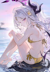 1girl absurdres ahoge ariko (aaaaarik) bikini blue archive blush breasts closed mouth commentary demon horns gold bikin…