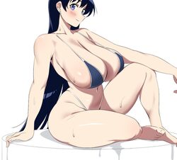 1girl arato nagi barefoot bikini black hair blue bikini blue eyes blush breasts curvy huge breasts imiin knee up long h…