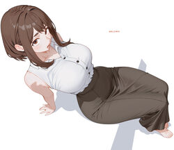 1girl absurdres bare shoulders barefoot black skirt blush boku no hero academia breasts brown eyes brown hair highres l…