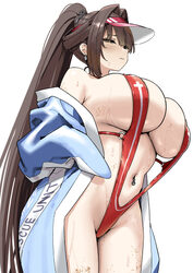 1girl bare shoulders blush breasts brown eyes brown hair cleavage closed mouth commentary cowboy shot full cleavage god…
