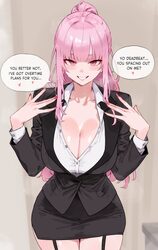 1girl absurdres black garter straps black skirt bluefield blush breasts cleavage collarbone collared shirt commentary e…