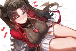 0nineo9 1girl black gloves black shirt blue eyes blush breasts brown hair closed mouth commentary earrings fate/stay ni…