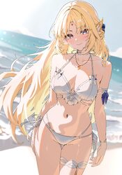 1girl absurdres alternate costume armlet beach bikini blonde hair blue eyes blue sky blush breasts cleavage closed mout…