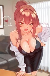 1girl absurdres aged up alt text anger vein artist name bare shoulders black dress blush breasts brown eyes brown hair …