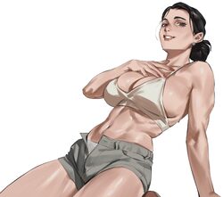 1girl alternate breast size (larger) black hair breasts camisole commentary debbie grayson earrings grin highres huge b…