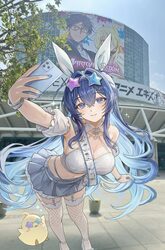 1girl alternate costume ariko (aaaaarik) arm up armpits azur lane bare shoulders belt bent over blue eyes blue hair bre…