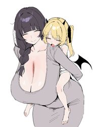 2girls absurdres black horns black ribbon black wings blonde hair blue archive braid braided ponytail breasts carrying …