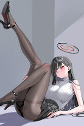 / 1girl alternate costume bare shoulders black hair black halo black pantyhose black shoes black skirt blue archive bre…