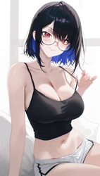 1girl absurdres alternate costume anska bare shoulders black camisole black hair blue hair blush breasts camisole cleav…