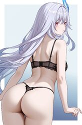 1girl absurdres ass black bra black panties bra breasts closed mouth from behind genshin impact grey hair hair ornament…