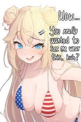 1girl absurdres american flag american flag bikini american flag print bare shoulders bikini black bikini blonde hair b…