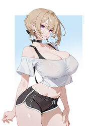 1girl absurdres black choker black shorts blonde hair blue background bra strap breasts choker cleavage closed mouth co…